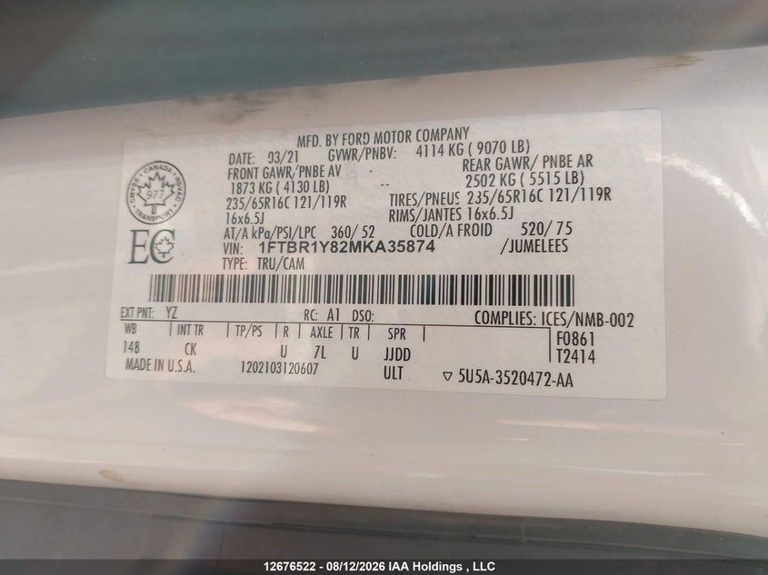 2021 FORD TRANSIT-250 CARGO VAN 3.5L V-6 DI, DOHC, VVT, 275HP