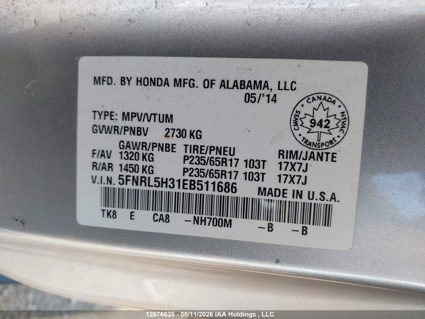 2014 HONDA ODYSSEY VAN 3.5L V6 FI SOHC 24V NF4