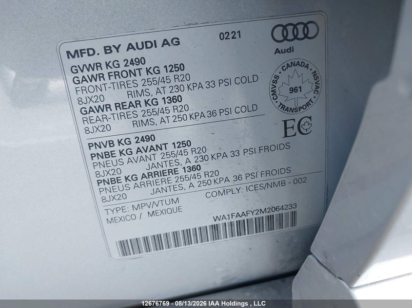 2021 AUDI Q5 SPORT UTILITY VEHICLE 2.0L I-4 DI, DOHC, VVT, TURBO, 261HP
