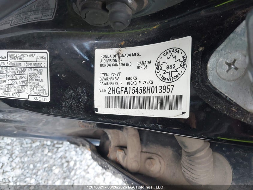 2008 HONDA CIVIC SEDAN 1.8L I-4 VVT, 140HP