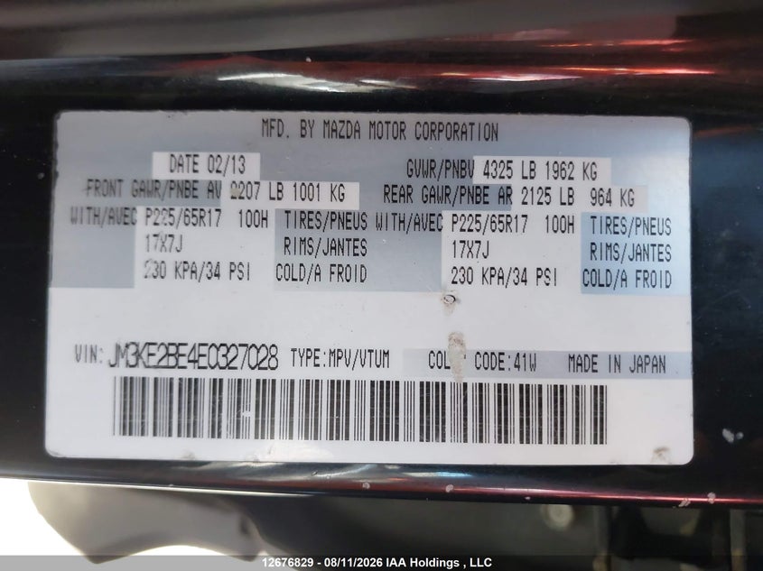 2014 MAZDA CX-5 SPORT UTILITY VEHICLE 2.0L I-4 DI, DOHC, VVT, 155HP
