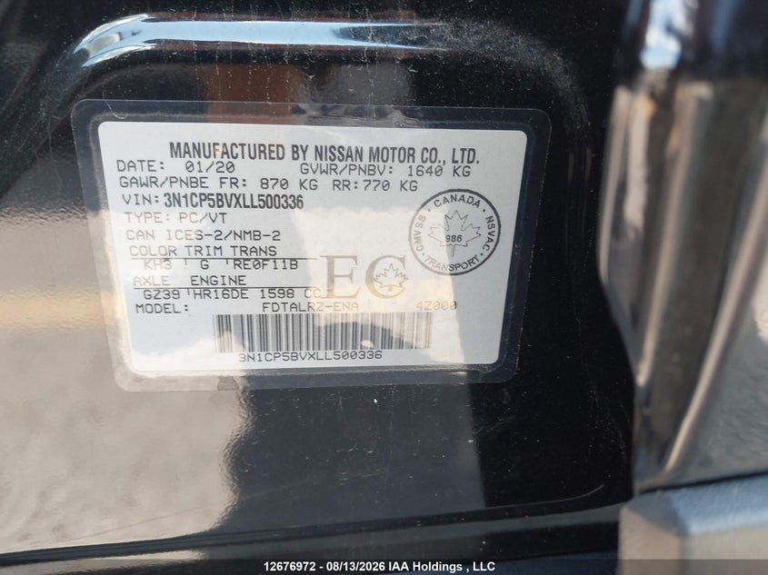 2020 NISSAN KICKS HATCHBACK 1.6L I-4 DOHC, VVT, 122HP