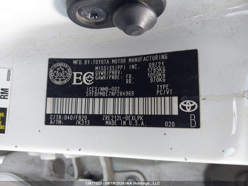 2022 TOYOTA COROLLA SEDAN 1.8L I-4 DOHC, VVT, 139HP