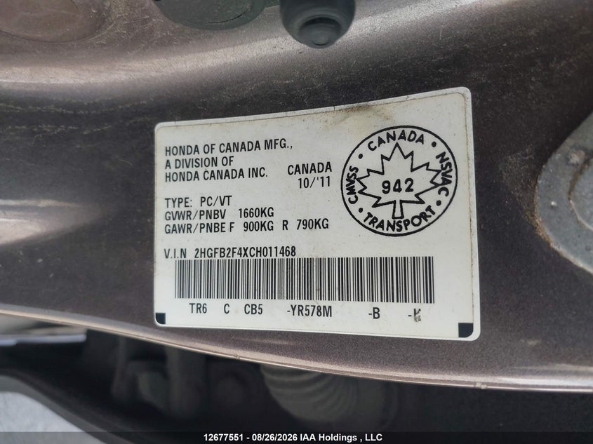 2012 HONDA CIVIC SEDAN 1.8L I-4 VVT, 140HP