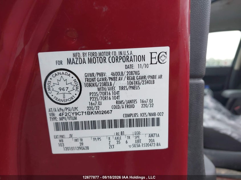 2011 MAZDA TRIBUTE SPORT UTILITY VEHICLE 2.5L I-4 DOHC, VVT, 171HP