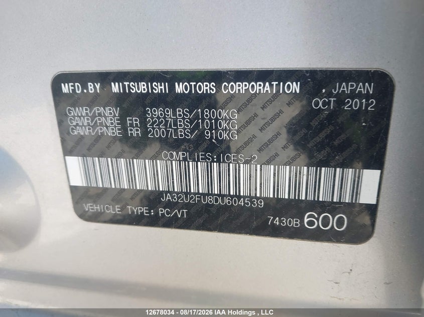 2013 MITSUBISHI LANCER SEDAN 2.0L I-4 DOHC, VVT, 148HP