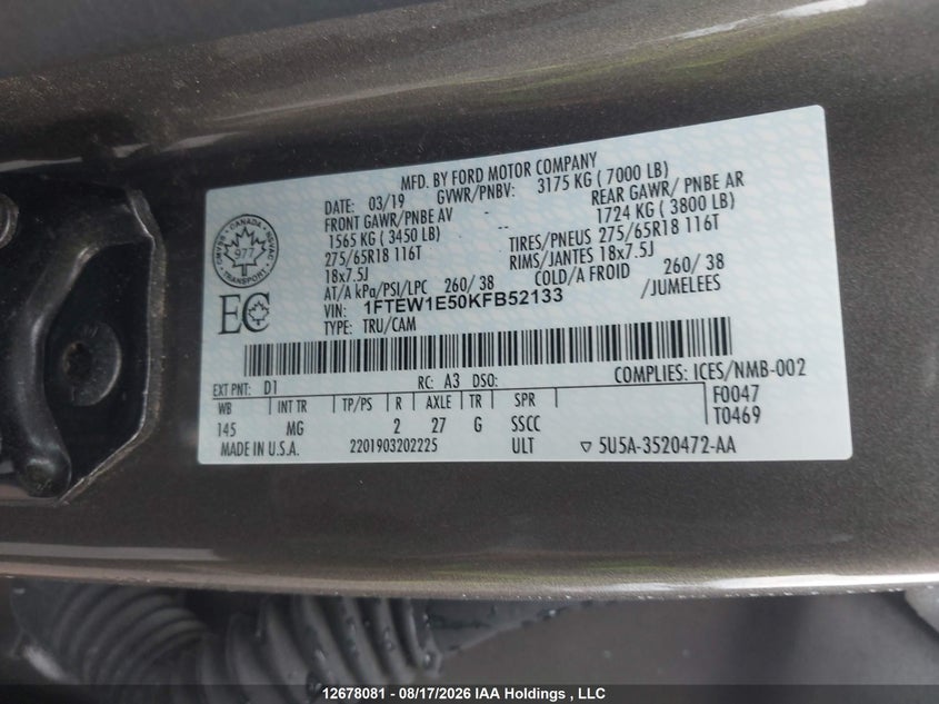 2019 FORD F-150 PICKUP 5.0L V8 FI DOHC 32V NF4