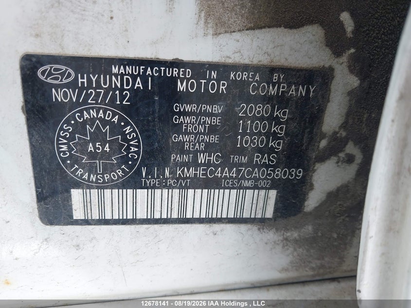 2012 HYUNDAI SONATA SEDAN 2.4L I-4 DOHC, VVT, 166HP