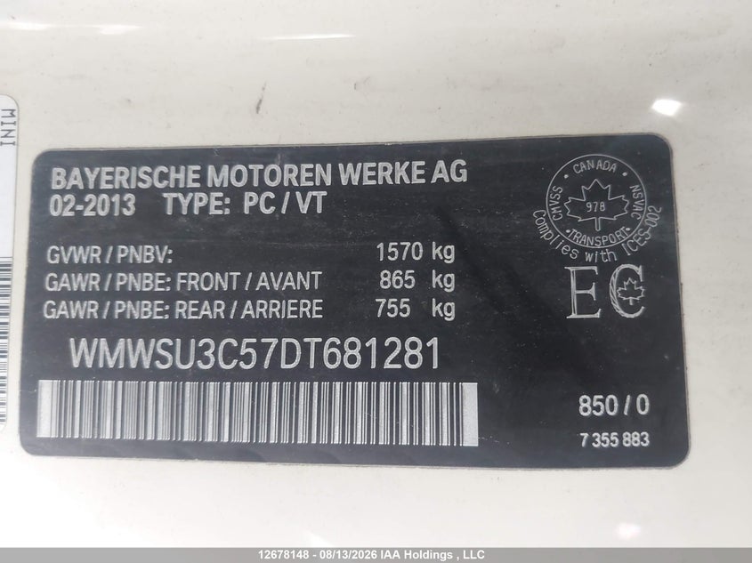 2013 MINI COOPER HATCHBACK 1.6L I-4 DOHC, VVT, 121HP