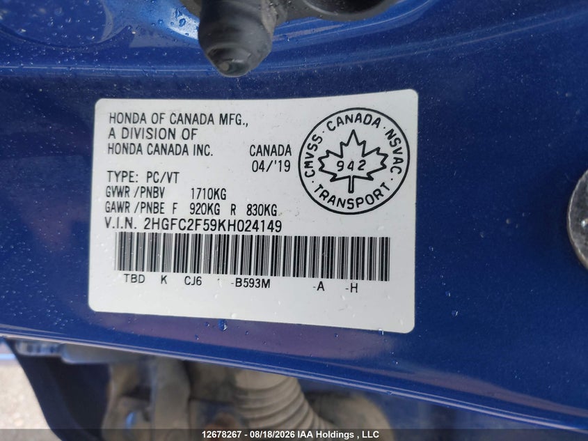 2019 HONDA CIVIC SEDAN 2.0L I-4 DOHC, VVT, 158HP