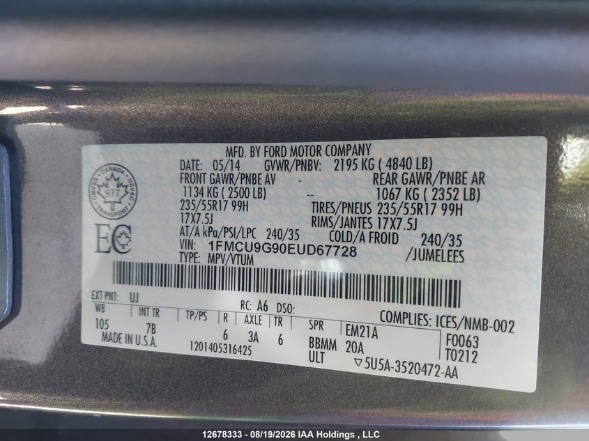 2014 FORD ESCAPE SPORT UTILITY VEHICLE 2.0L I4 FI DOHC 16V NF4