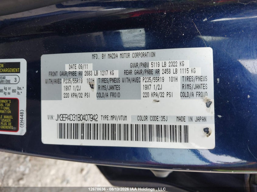 2011 MAZDA CX-7 SPORT UTILITY VEHICLE 2.3L I-4 DI, DOHC, VVT, TURBO, 244HP