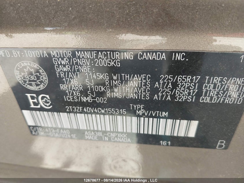 2012 TOYOTA RAV 4 SPORT UTILITY VEHICLE 2.5L I-4 DOHC, VVT, 179HP
