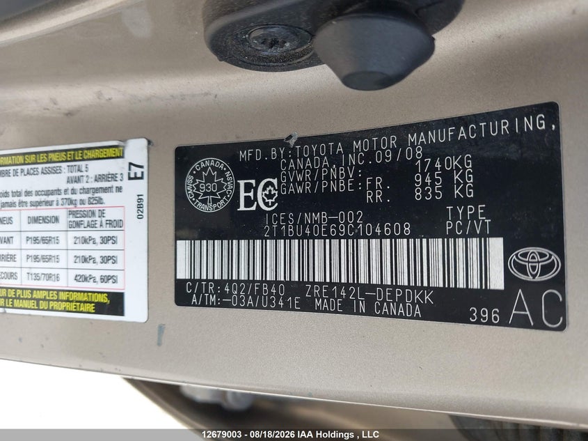 2009 TOYOTA COROLLA SEDAN 1.8L I-4 DOHC, VVT, 132HP