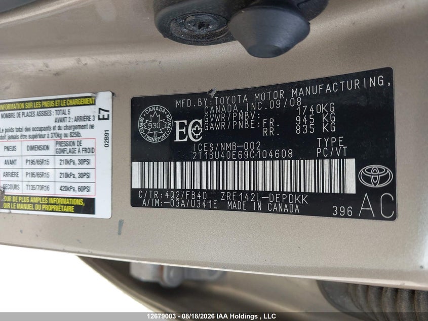 2009 TOYOTA COROLLA SEDAN 1.8L I-4 DOHC, VVT, 132HP