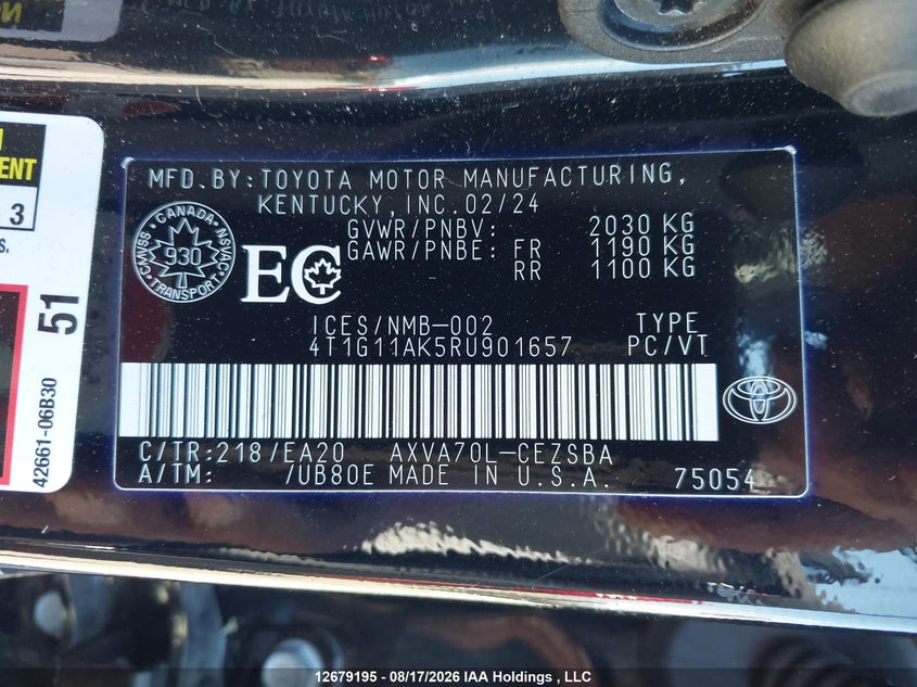 4T1G11AK5RU901657 Toyota CAMRY SE