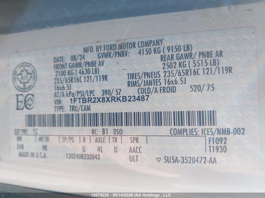 2024 FORD TRANSIT VAN 3.5L V6 FI DOHC 24V NF4