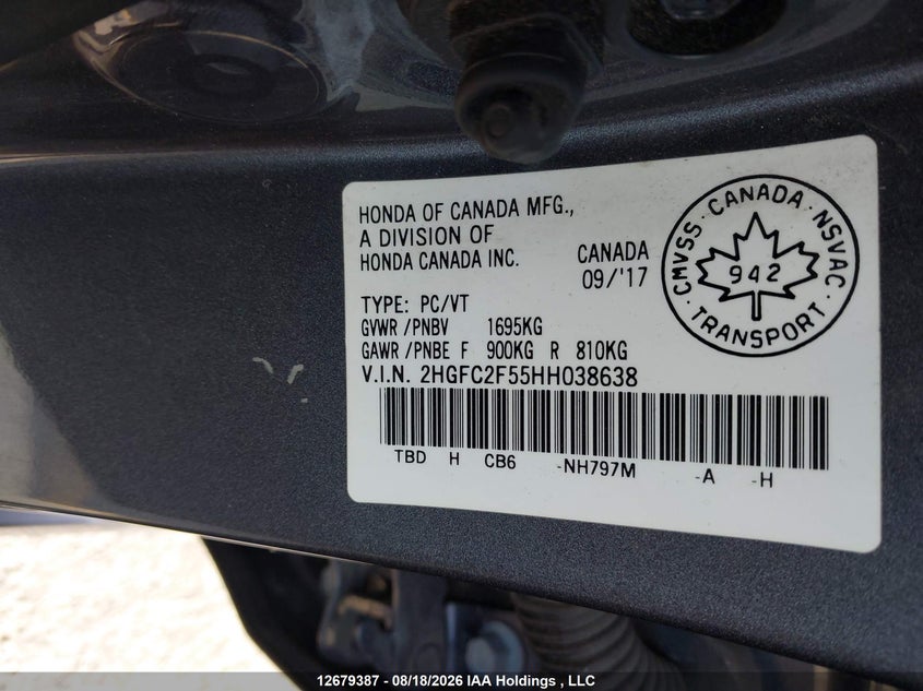2017 HONDA CIVIC SEDAN 2.0L I-4 DOHC, VVT, 158HP