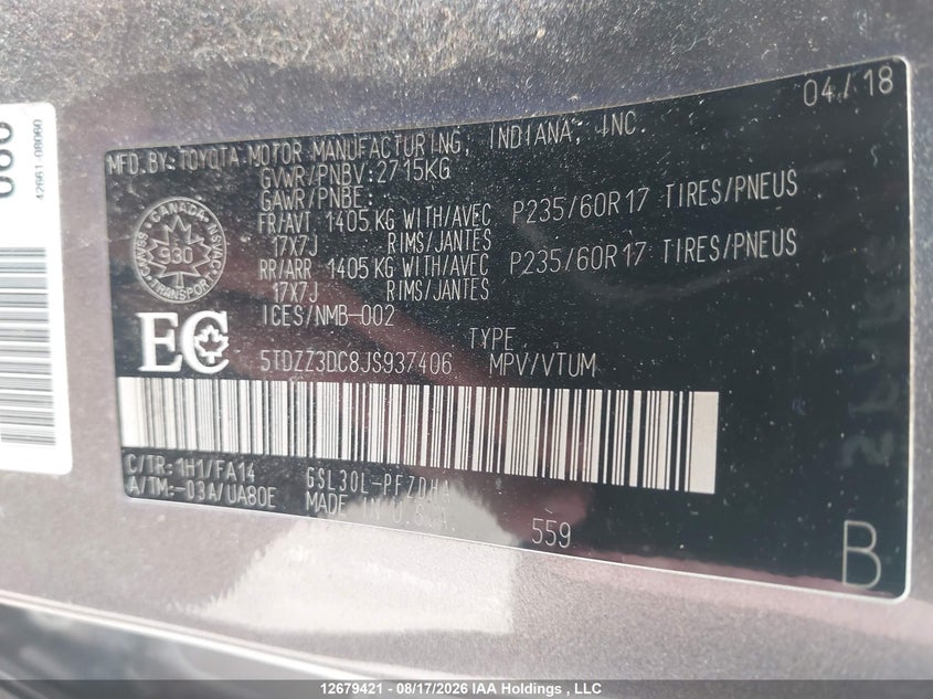2018 TOYOTA SIENNA VAN 3.5L V-6 DI, DOHC, VVT, 296HP