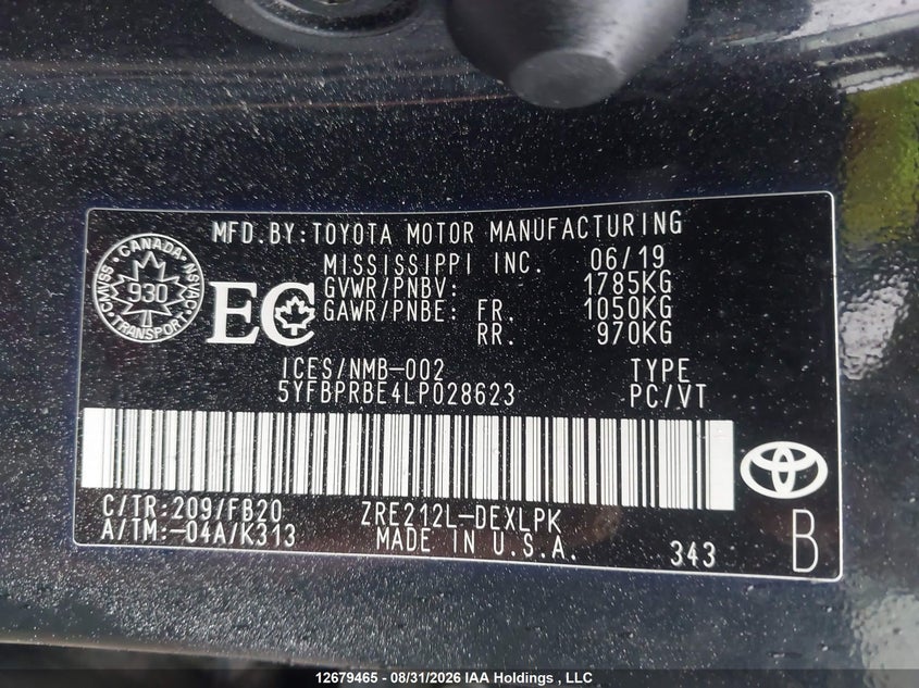 2020 TOYOTA COROLLA SEDAN 1.8L I-4 DOHC, VVT, 139HP