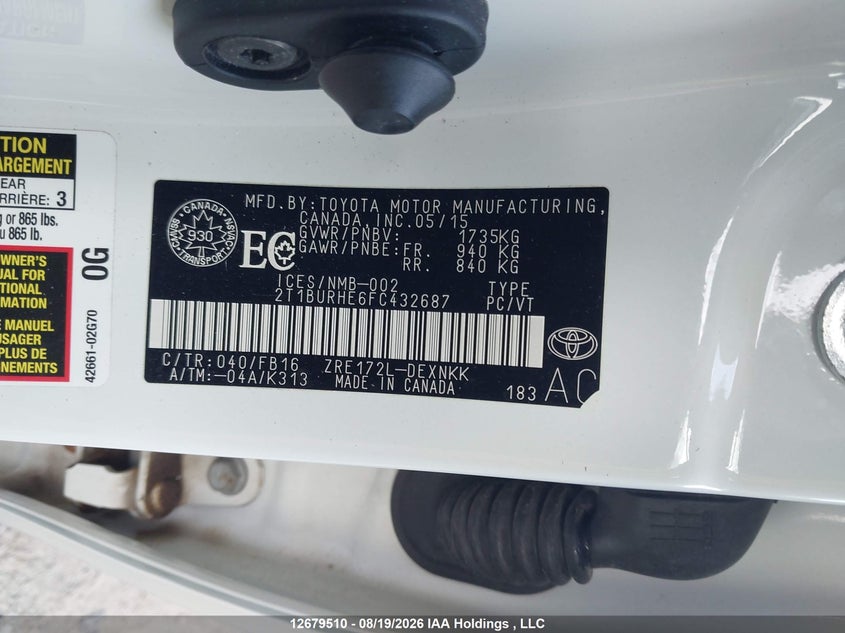 2015 TOYOTA COROLLA SEDAN 1.8L I-4 DOHC, VVT, 132HP