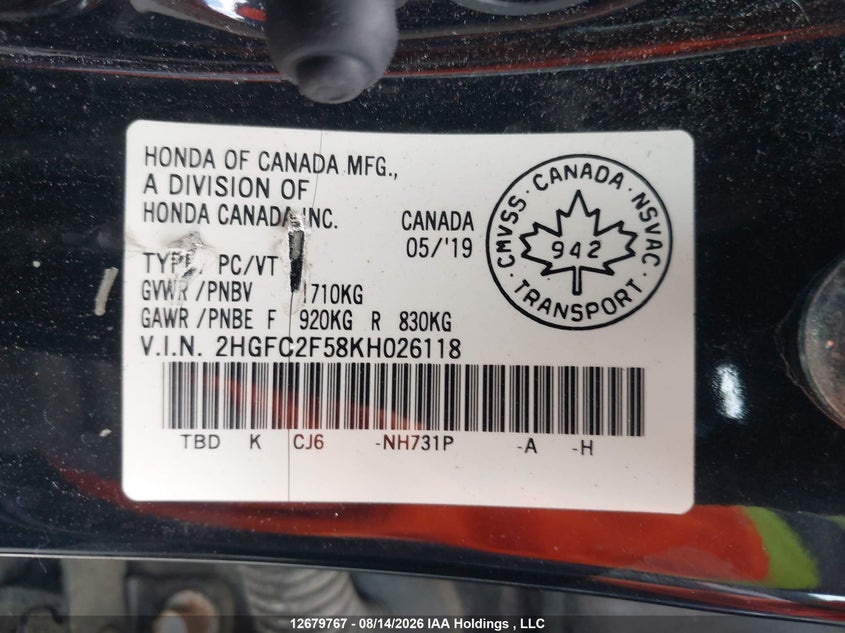 2019 HONDA CIVIC SEDAN 2.0L I-4 DOHC, VVT, 158HP