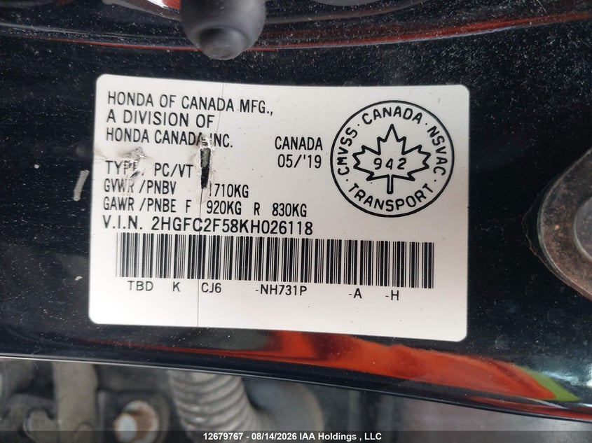 2019 HONDA CIVIC SEDAN 2.0L I-4 DOHC, VVT, 158HP