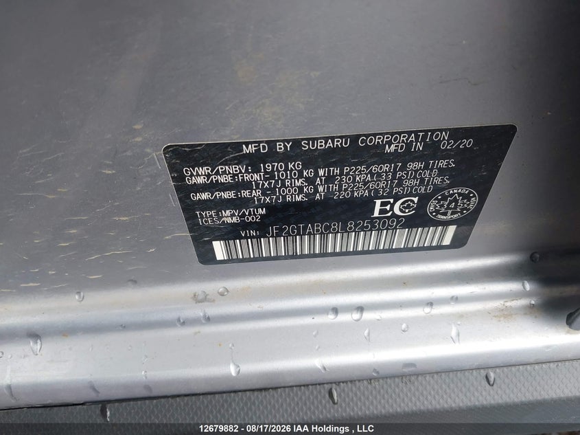 2020 SUBARU XV SPORT UTILITY VEHICLE 2.0L H-4 DI, DOHC, VVT, 152HP