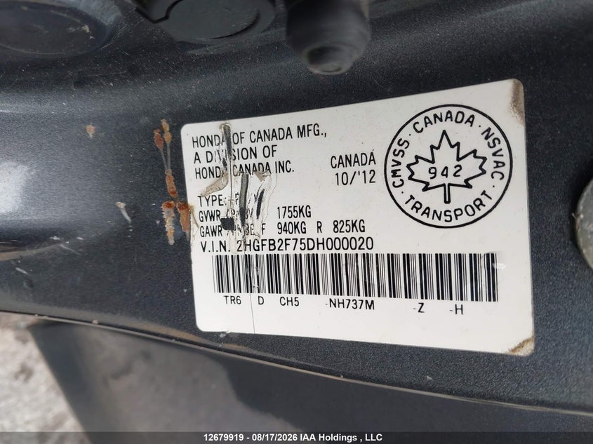 2013 HONDA CIVIC SEDAN 1.8L I-4 VVT, 140HP