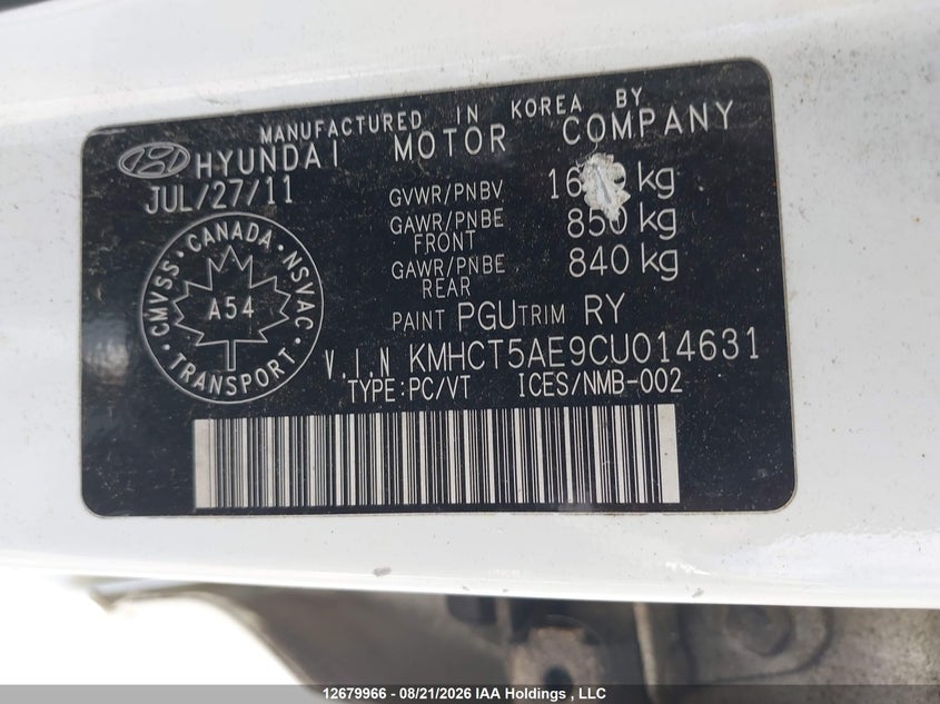 2012 HYUNDAI ACCENT HATCHBACK 1.6L I4 FI DOHC 16V NF4