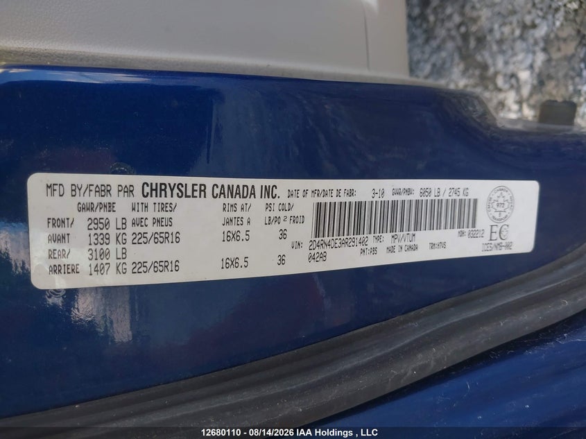 2010 DODGE CARAVAN VAN 3.3L V6 FI OHV 12V NF2