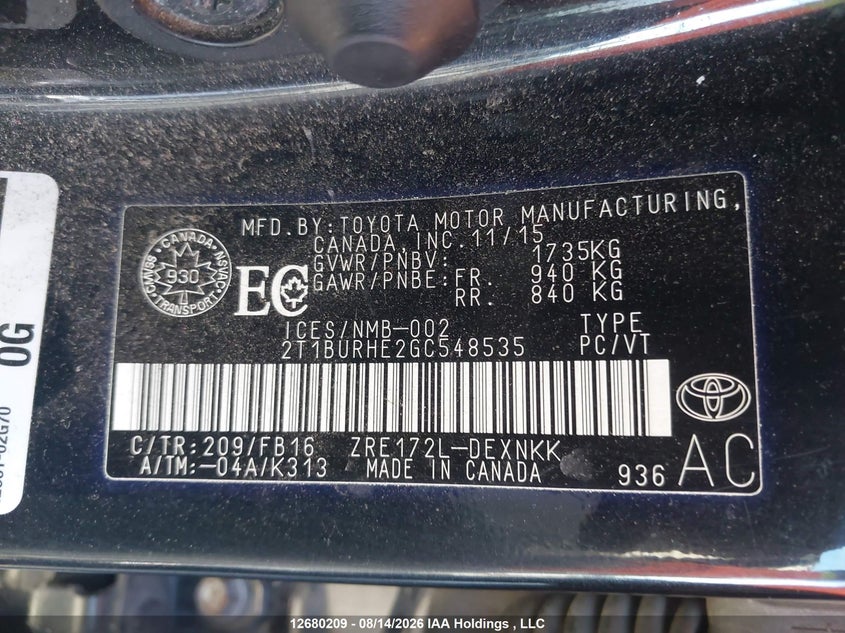 2016 TOYOTA COROLLA SEDAN 1.8L I-4 DOHC, VVT, 132HP
