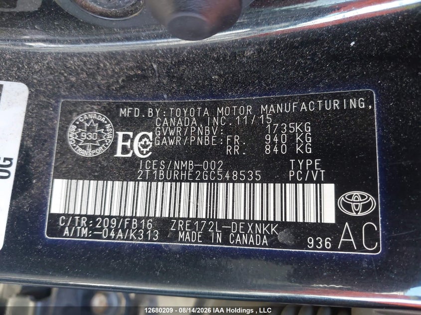 2016 TOYOTA COROLLA SEDAN 1.8L I-4 DOHC, VVT, 132HP