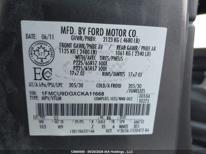 2012 FORD ESCAPE SPORT UTILITY VEHICLE 3.0L V6 FI DOHC 24V NF4