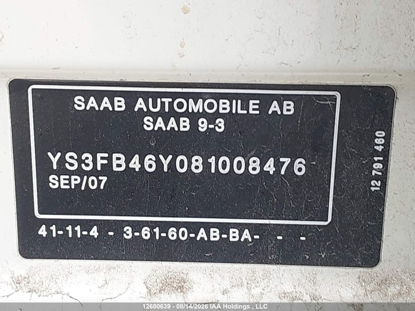 2008 SAAB 9-3 SEDAN 2.0L I-4 DOHC, TURBO, 210HP