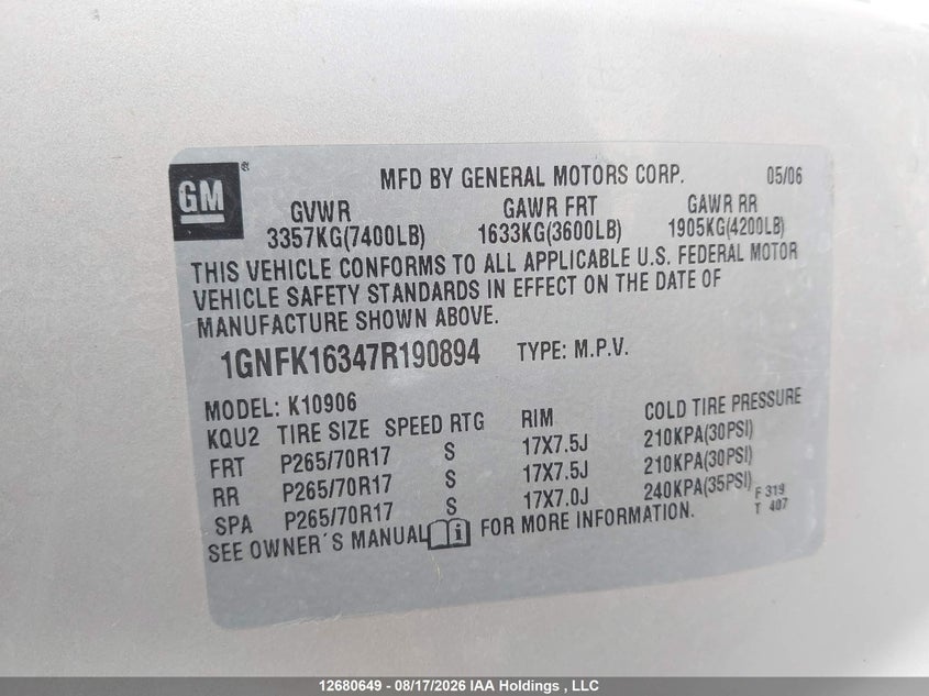 2007 CHEVROLET SUBURBAN SPORT UTILITY VEHICLE 5.3L V-8 310HP