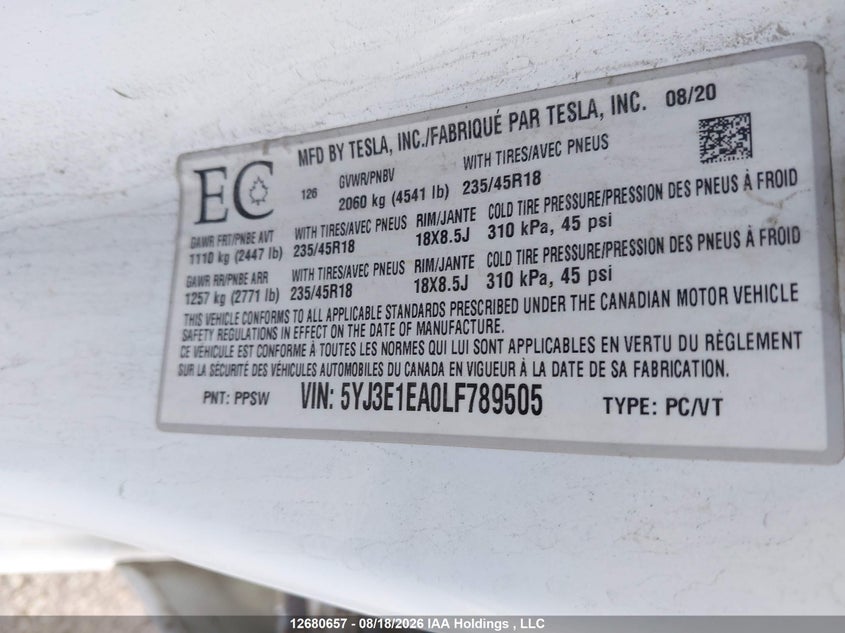 2020 TESLA MODEL 3 SEDAN ELECTRIC
