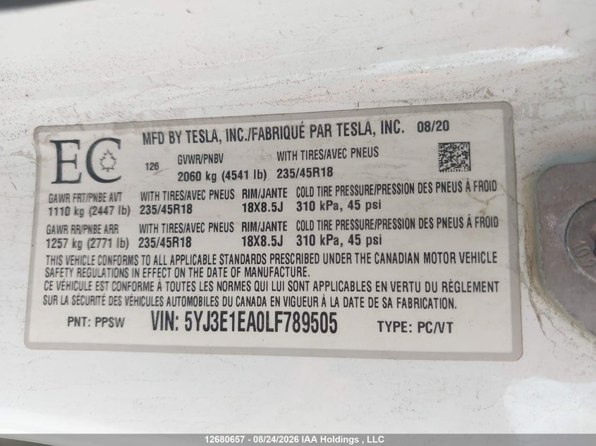 2020 TESLA MODEL 3 SEDAN ELECTRIC