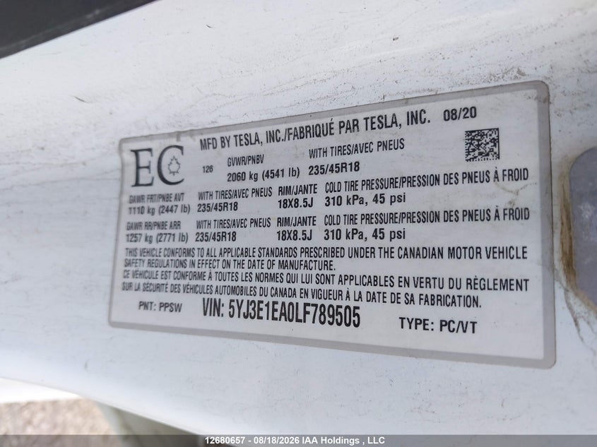 2020 TESLA MODEL 3 SEDAN ELECTRIC