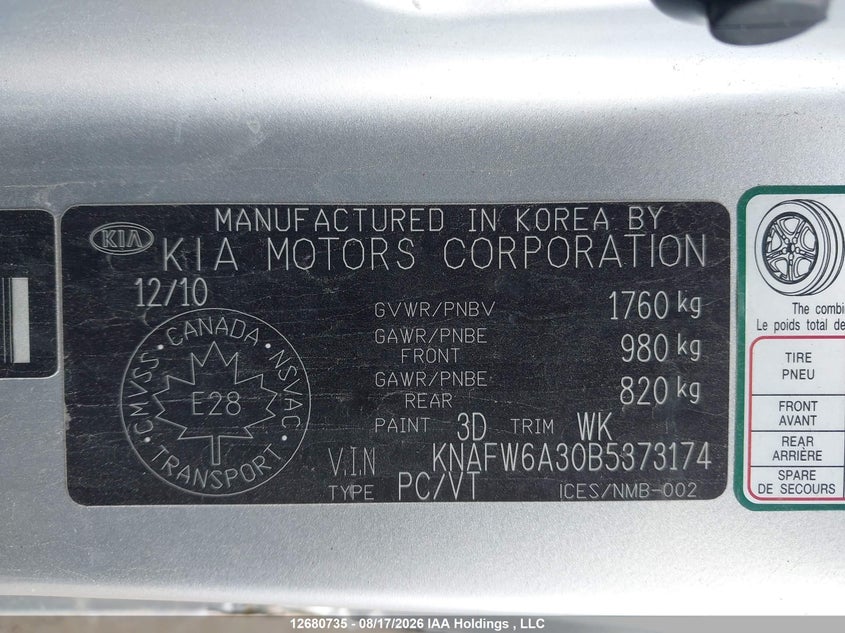 2011 KIA FORTE COUPE 2.4L I-4 DOHC, VVT, 173HP