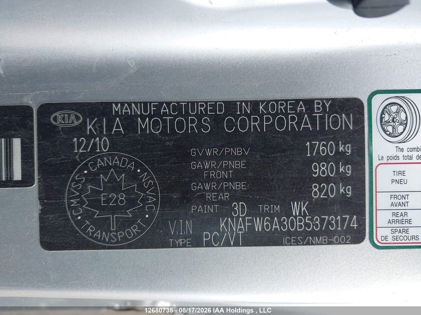 2011 KIA FORTE COUPE 2.4L I-4 DOHC, VVT, 173HP
