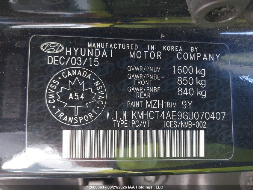 2016 HYUNDAI ACCENT SEDAN 1.6L I-4 DI, DOHC, VVT, 137HP