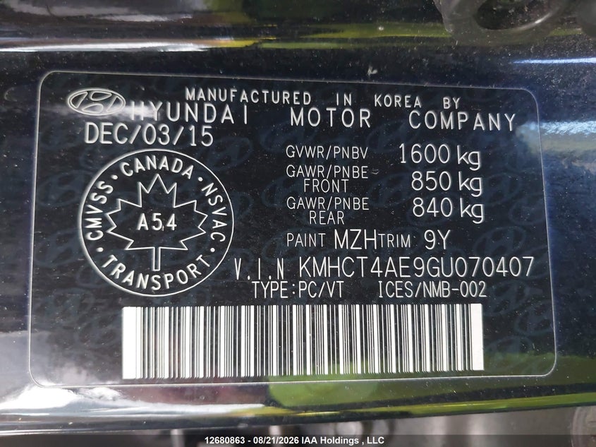 2016 HYUNDAI ACCENT SEDAN 1.6L I-4 DI, DOHC, VVT, 137HP