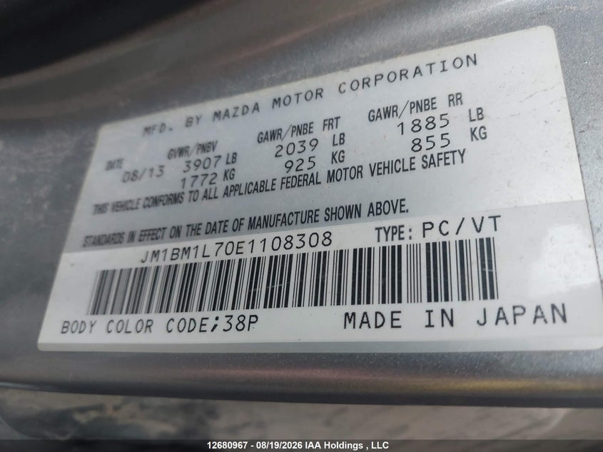 2014 MAZDA 3 SEDAN 2.0L I-4 DI, DOHC, VVT, 155HP