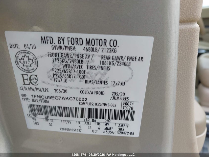 2010 FORD ESCAPE SPORT UTILITY VEHICLE 3.0L V-6 DOHC, VVT, 240HP