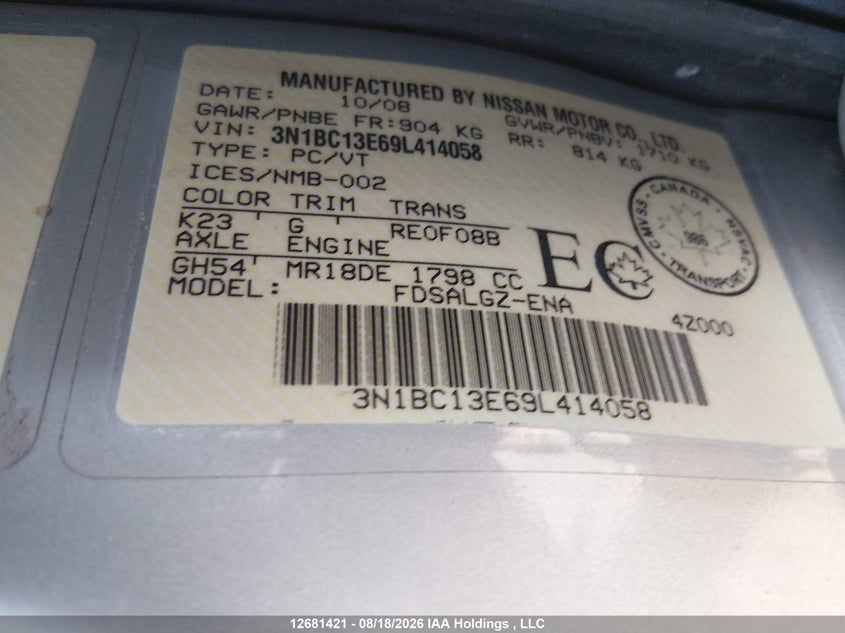 2009 NISSAN VERSA HATCHBACK 1.8L I-4 DOHC, VVT, 122HP