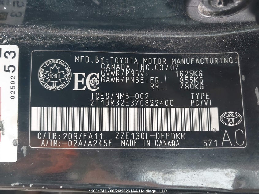 2007 TOYOTA COROLLA SEDAN 1.8L I-4 DOHC, VVT, 126HP
