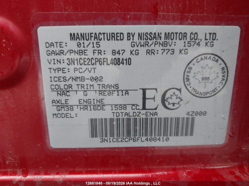 2015 NISSAN VERSA HATCHBACK 1.6L I4 FI DOHC 16V NF4