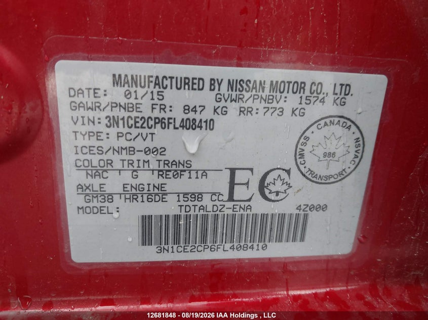 2015 NISSAN VERSA HATCHBACK 1.6L I4 FI DOHC 16V NF4