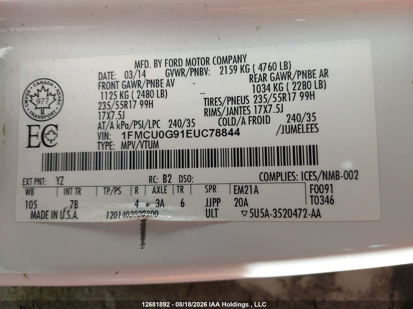 2014 FORD ESCAPE SPORT UTILITY VEHICLE 2.0L I4 FI DOHC 16V NF4